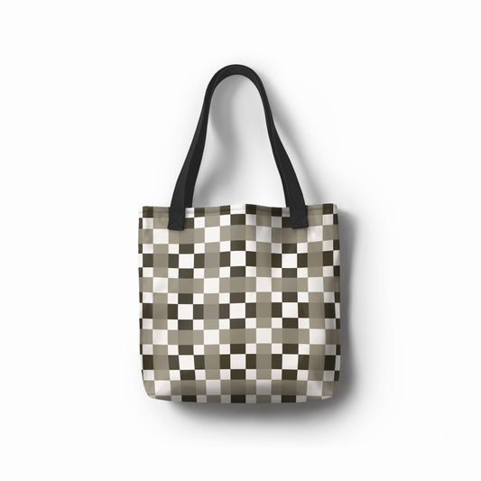 TASHAU Urban Grid tote shopper bag in black, grey, and white checkered squares.