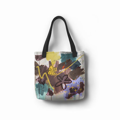 Unisex graffiti tote bag featuring abstract multicolor design in teal, yellow, and purple tones.