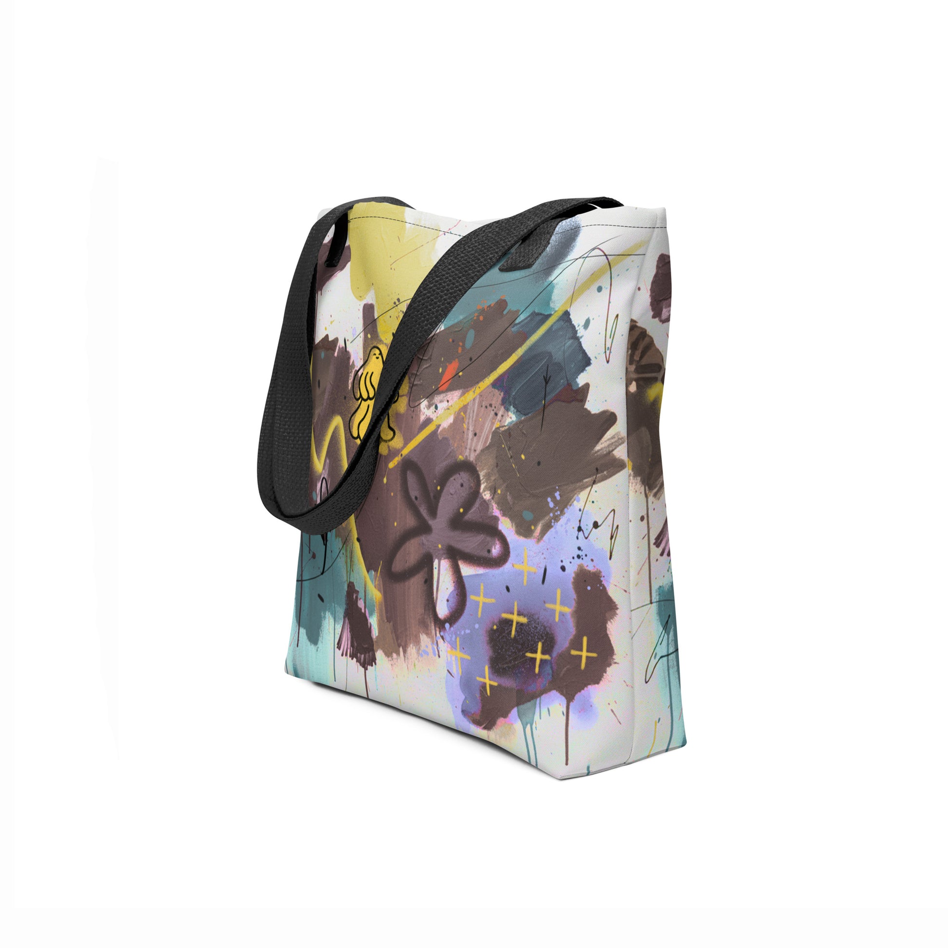 Large shopper tote with artistic graffiti brushstrokes in teal, mustard yellow, and chocolate brown.