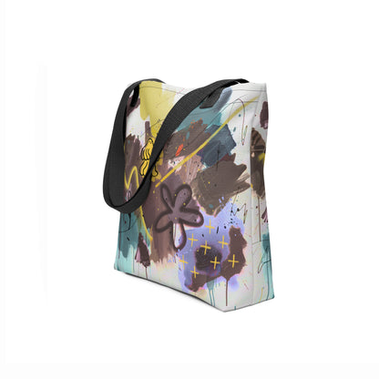 Large shopper tote with artistic graffiti brushstrokes in teal, mustard yellow, and chocolate brown.