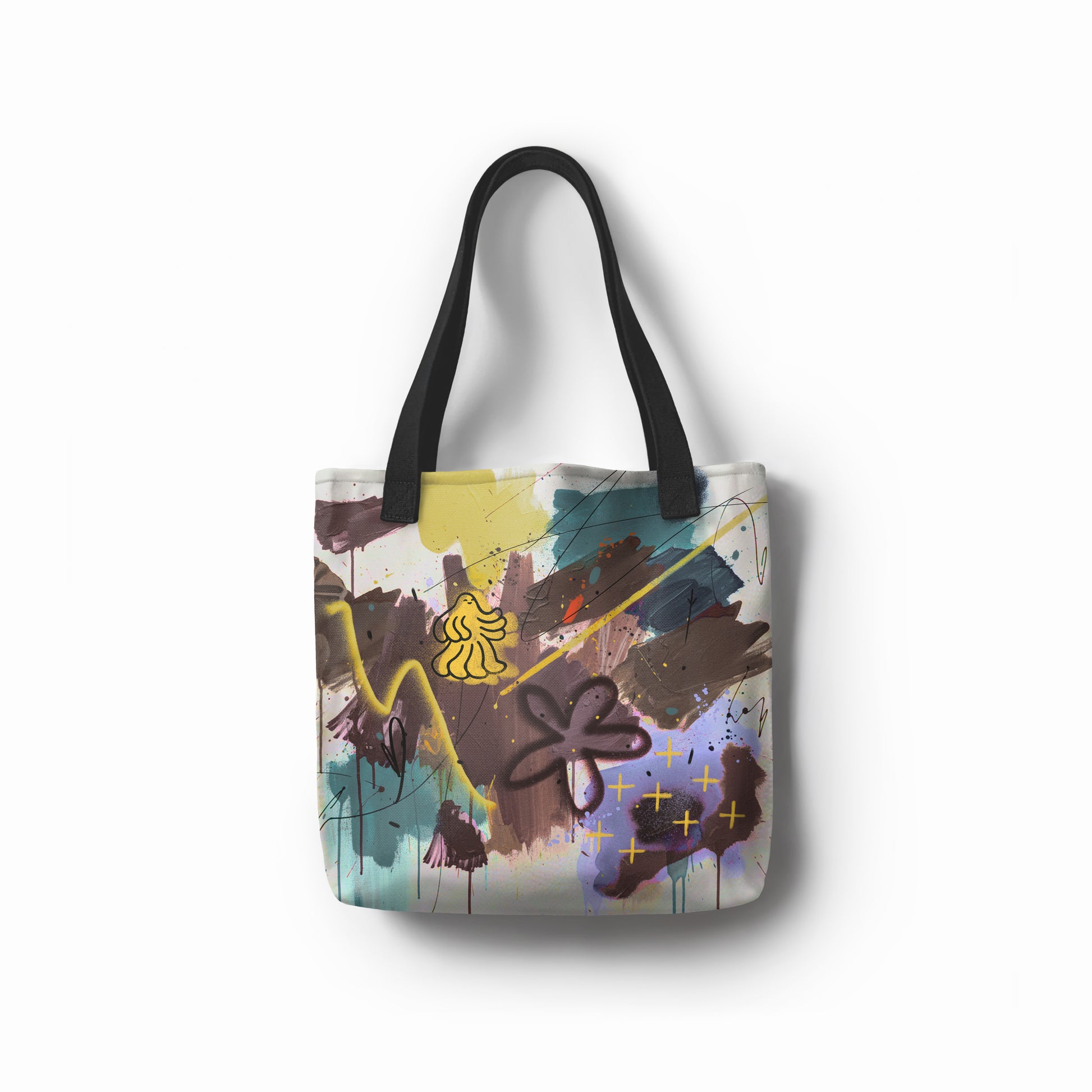 Urban Muse tote shopper bag with graffiti-inspired teal, mustard, violet, and brown splashes.