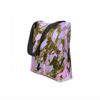 Artistic tote bag in walnut and lilac, blending earthy elegance with spring softness.