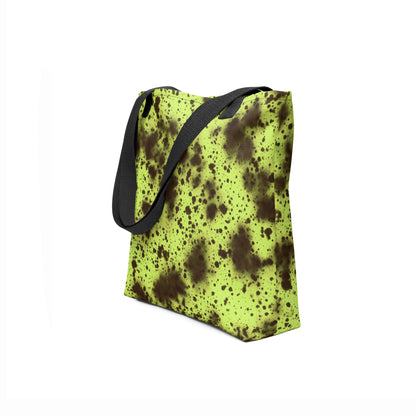 Vibrant artistic tote combining neon moss green and dark black abstract design by TASHAU.