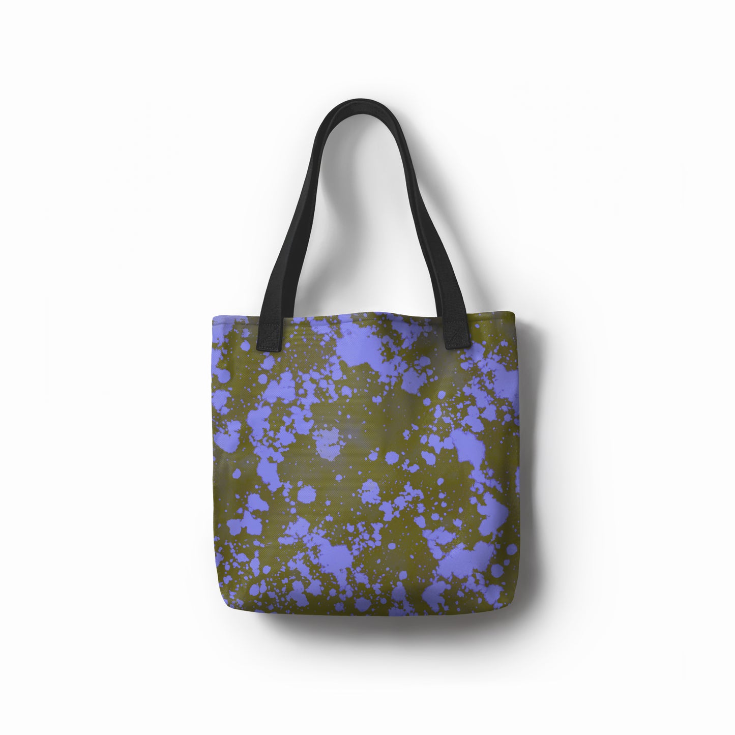 Olive green tote bag with lavender purple paint splatter pattern by TASHAU.