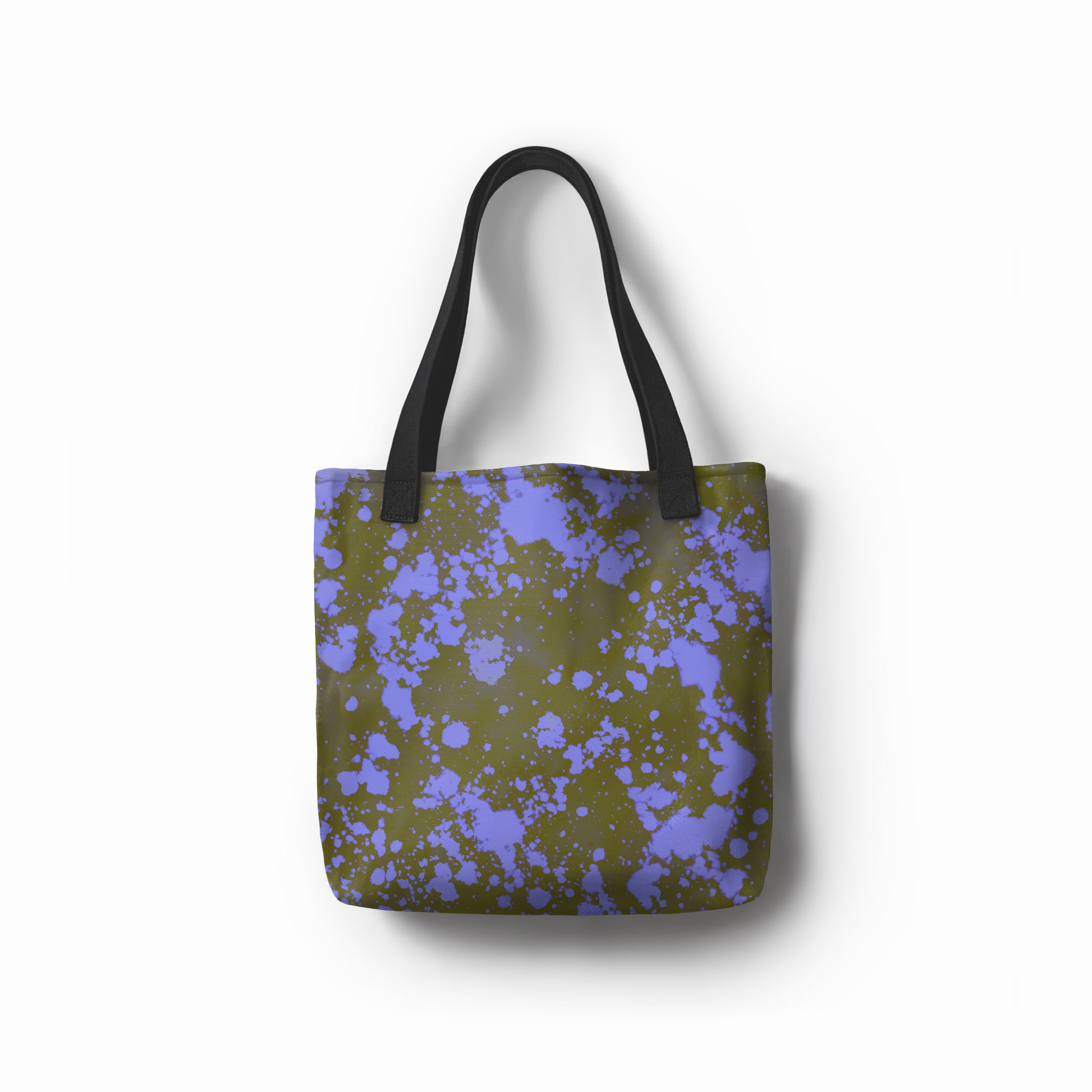 Olive green tote bag with lavender purple paint splatter pattern by TASHAU.