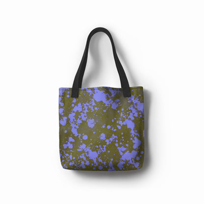 Olive green tote bag with lavender purple paint splatter pattern by TASHAU.