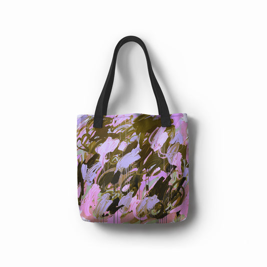 TASHAU Walnut Glow tote bag in earthy walnut brown with soft lilac and purple floral tones.