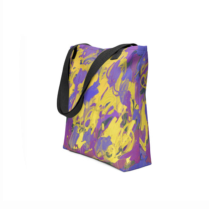 Eco-friendly purple and yellow tote bag, nature-inspired design by TASHAU.
