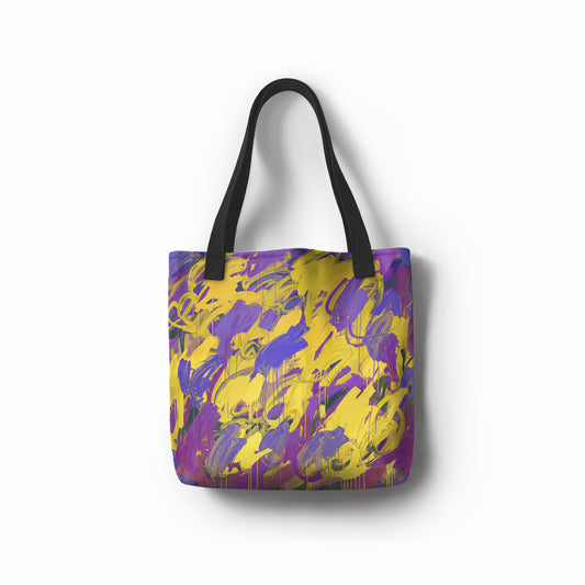 TASHAU Wild Iris tote bag with bold purple and yellow brushstroke design, inspired by wildflowers.