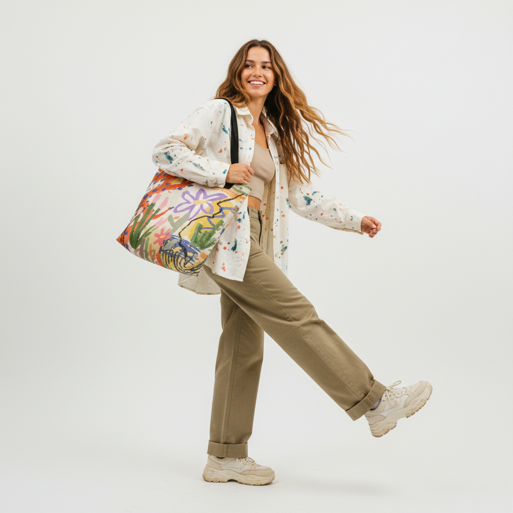 Model wearing a neutral outfit with the TASHAU's Blissful Eden colorful floral tote bag over the shoulder.