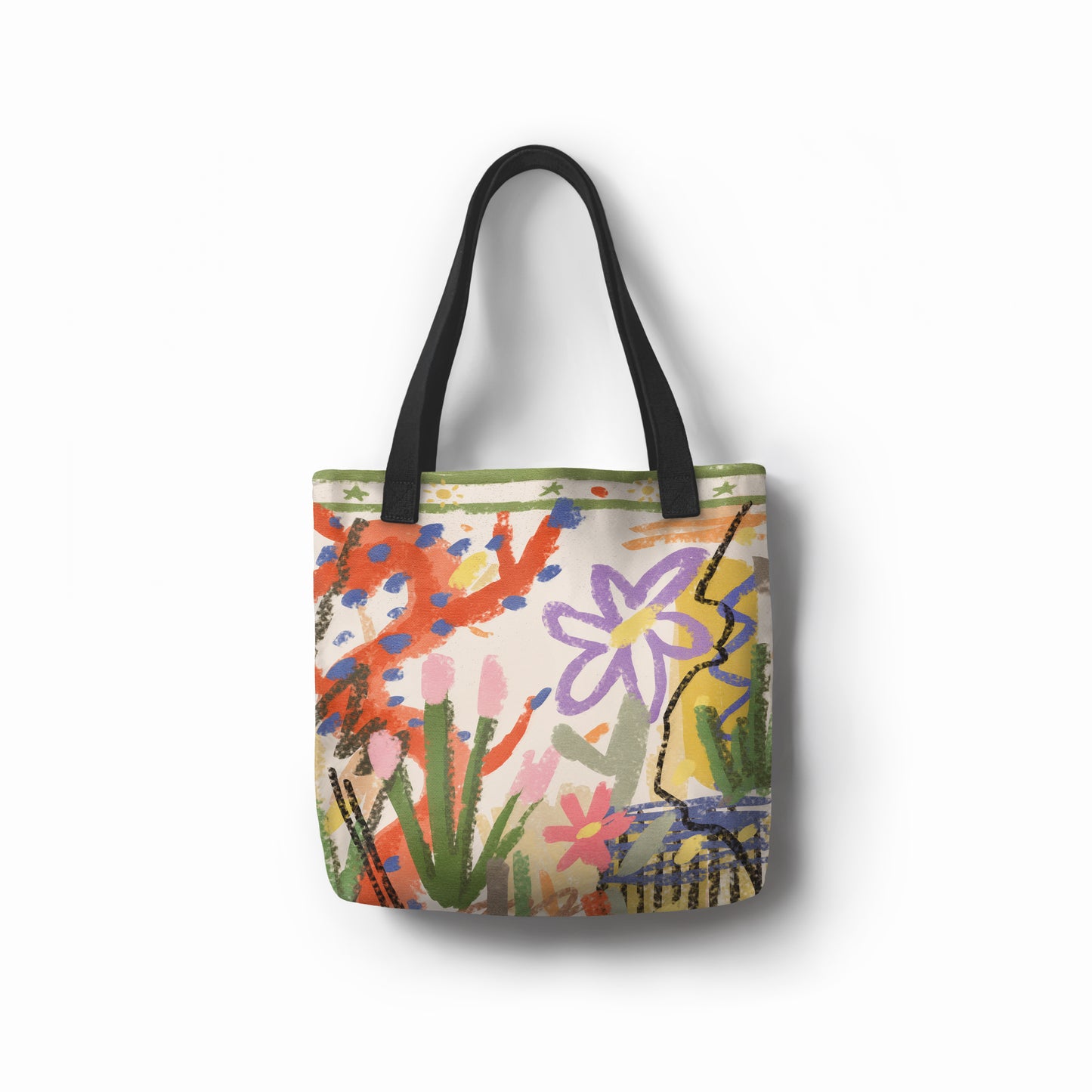 Multicolor artistic tote bag featuring playful floral and garden-inspired design – TASHAU shopper.