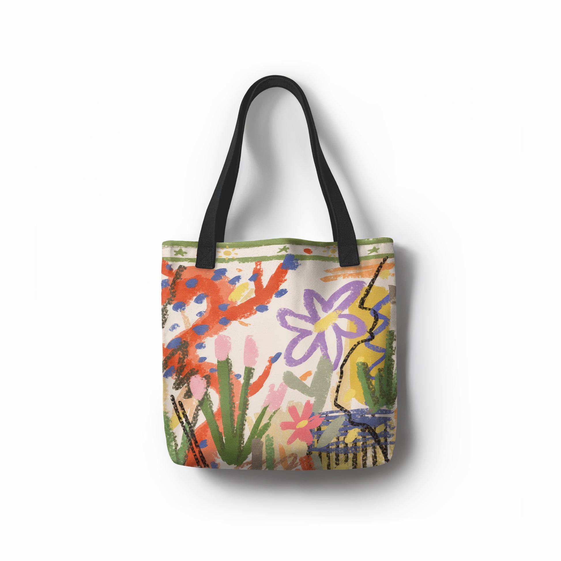 Blissful Eden tote bag with colorful floral-inspired abstract sketches in coral, green, lilac, and yellow.