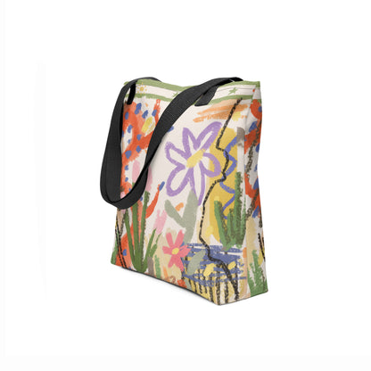 Vibrant artistic tote bag with colorful garden-inspired sketches on beige background.