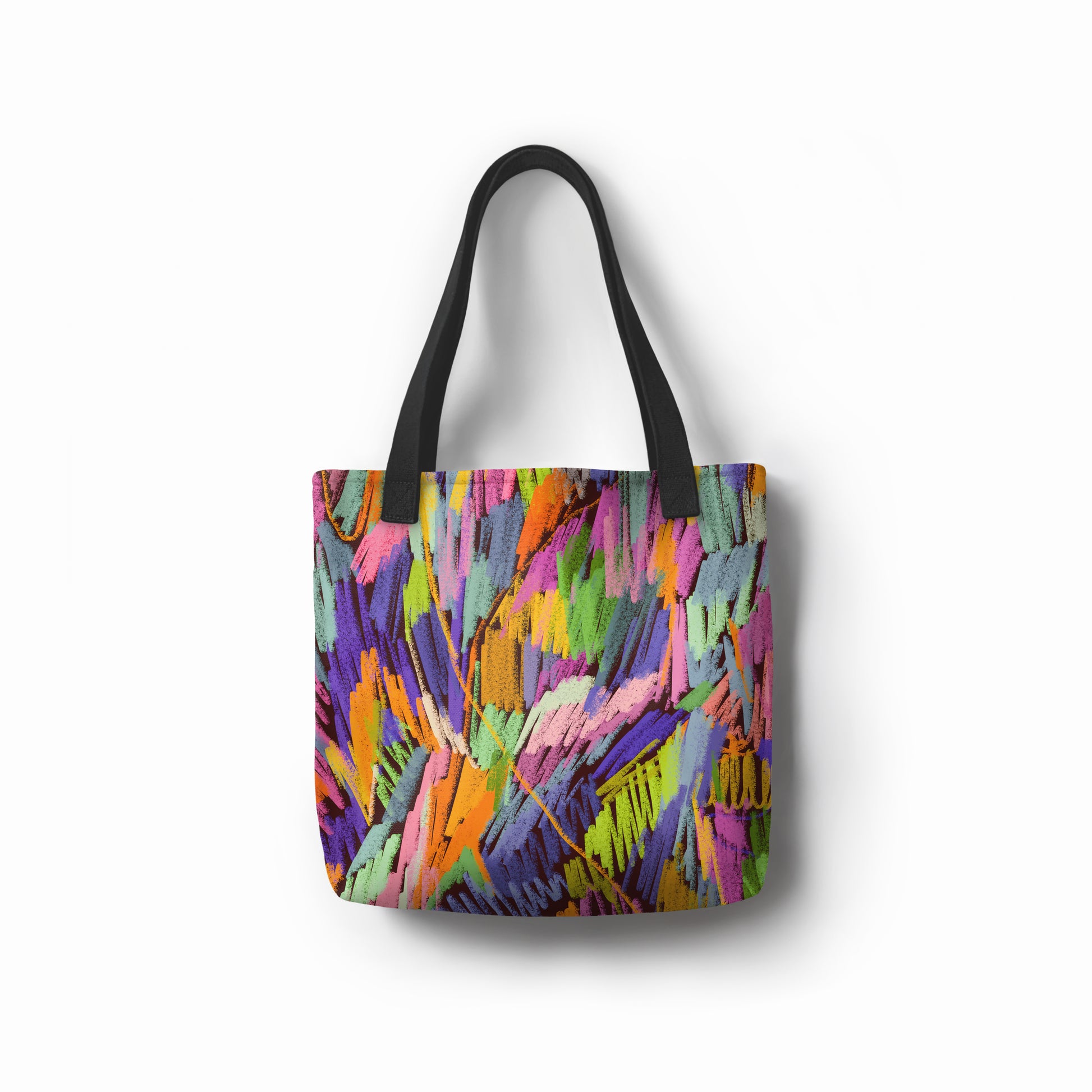 Vibrant artistic tote bag featuring multicolor abstract strokes in coral, purple, green, and orange.