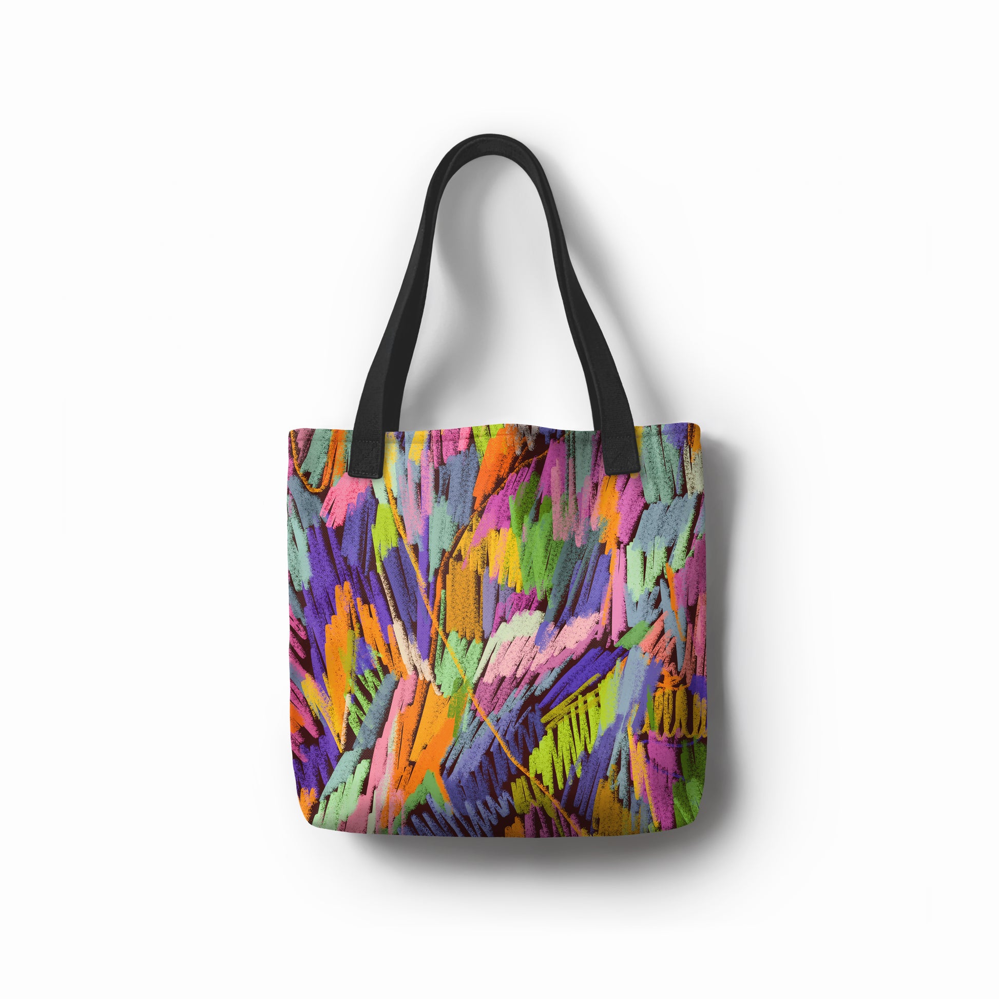 Coral Meadow tote bag with bold multicolor brushstroke pattern – TASHAU artistic shopper.