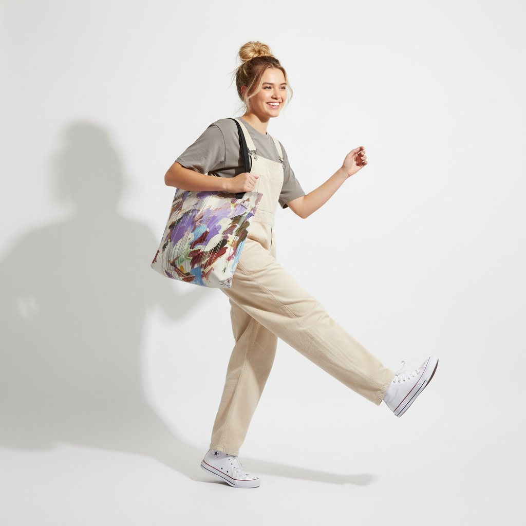 Unique abstract tote bag with lilac, purple, beige, and artistic multicolor details – TASHAU designer accessory.