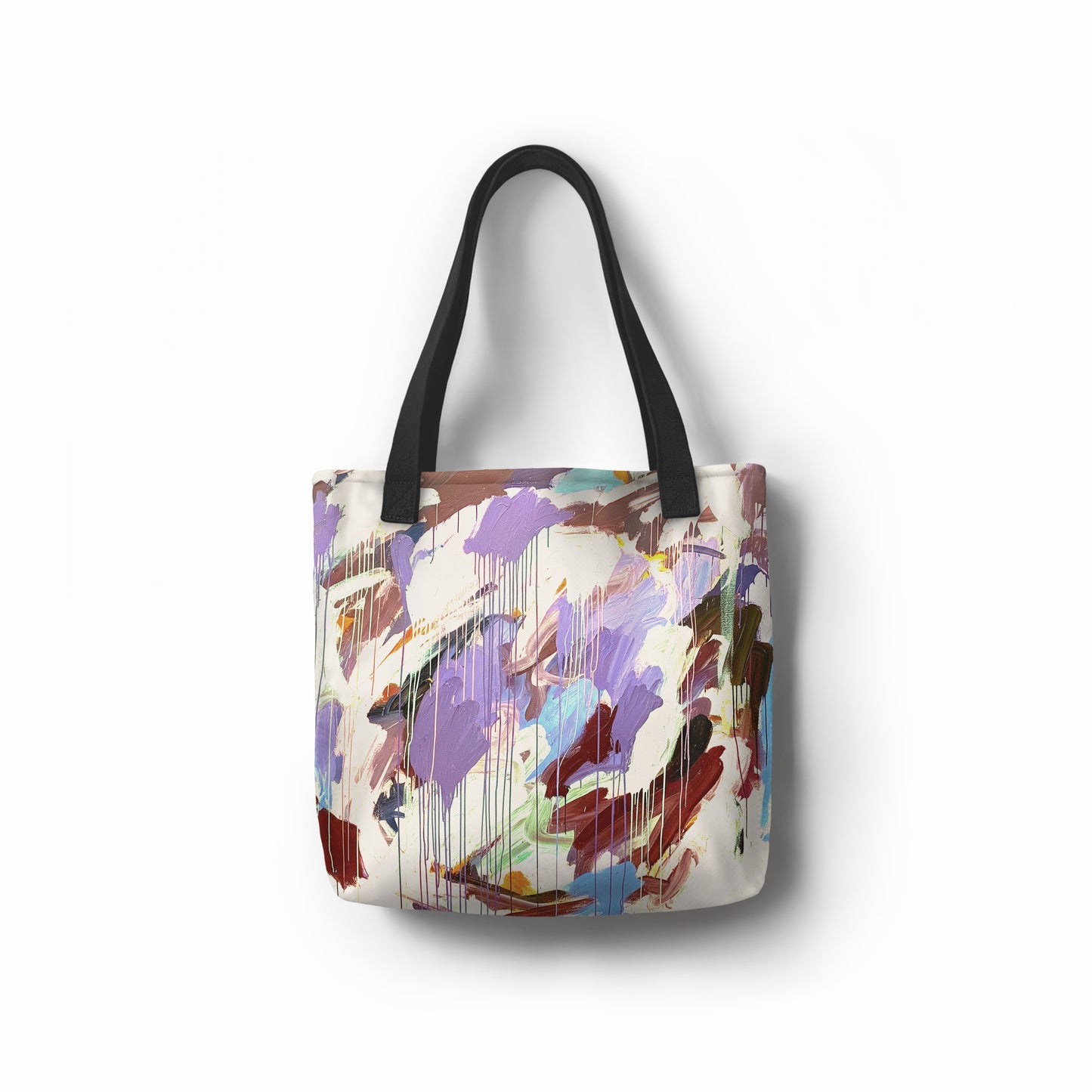 Crown Chakra tote bag featuring vibrant abstract brushstrokes in lilac, purple, crimson, and sage on a beige base.