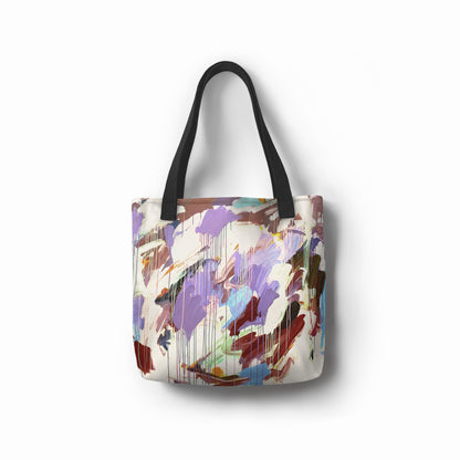 Crown Chakra tote bag featuring vibrant abstract brushstrokes in lilac, purple, crimson, and sage on a beige base.