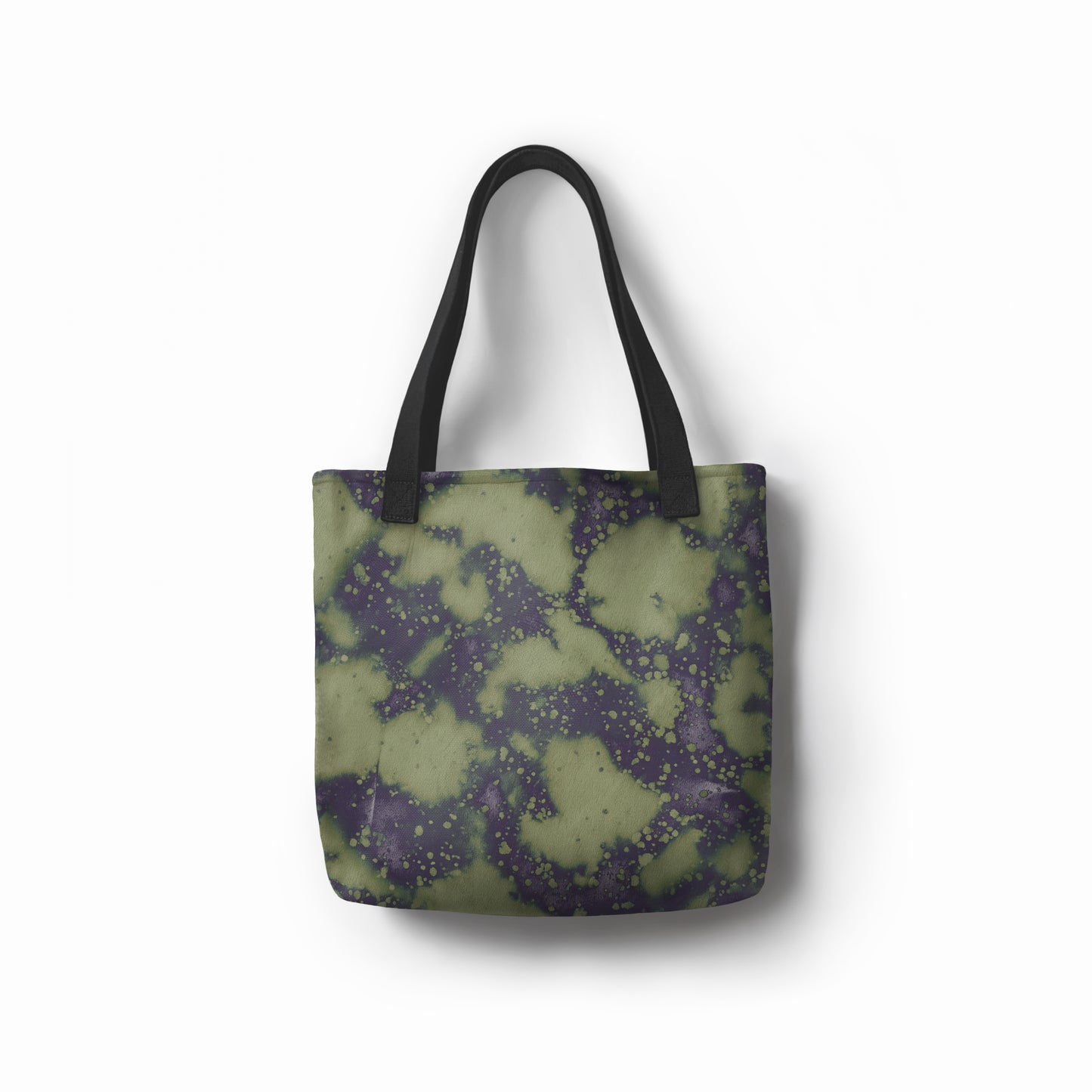 Eco-friendly canvas shopper tote with earthy green and indigo splatter designed by TASHAU.