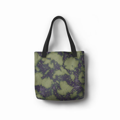 Eco-friendly canvas shopper tote with earthy green and indigo splatter designed by TASHAU.
