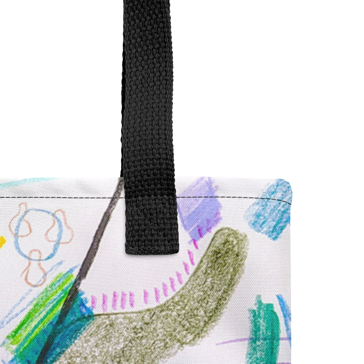 Artistic TASHAU Joyful Jumble multicolor tote bag, combining sustainability and style in a lively modern design.