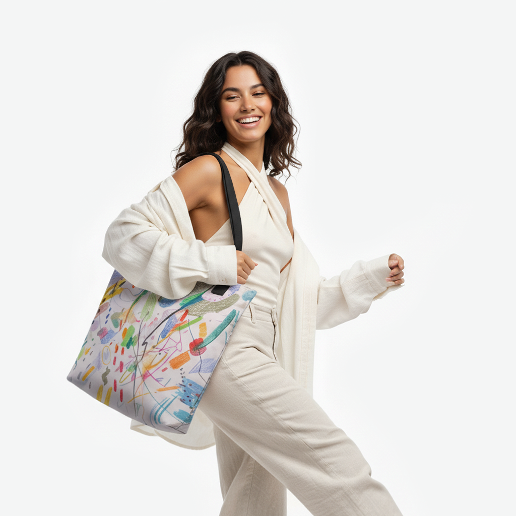 Woman carrying the TASHAU Joyful Jumble tote Multicolor, featuring a vibrant abstract design in colorful brushstrokes and eco-friendly canvas.