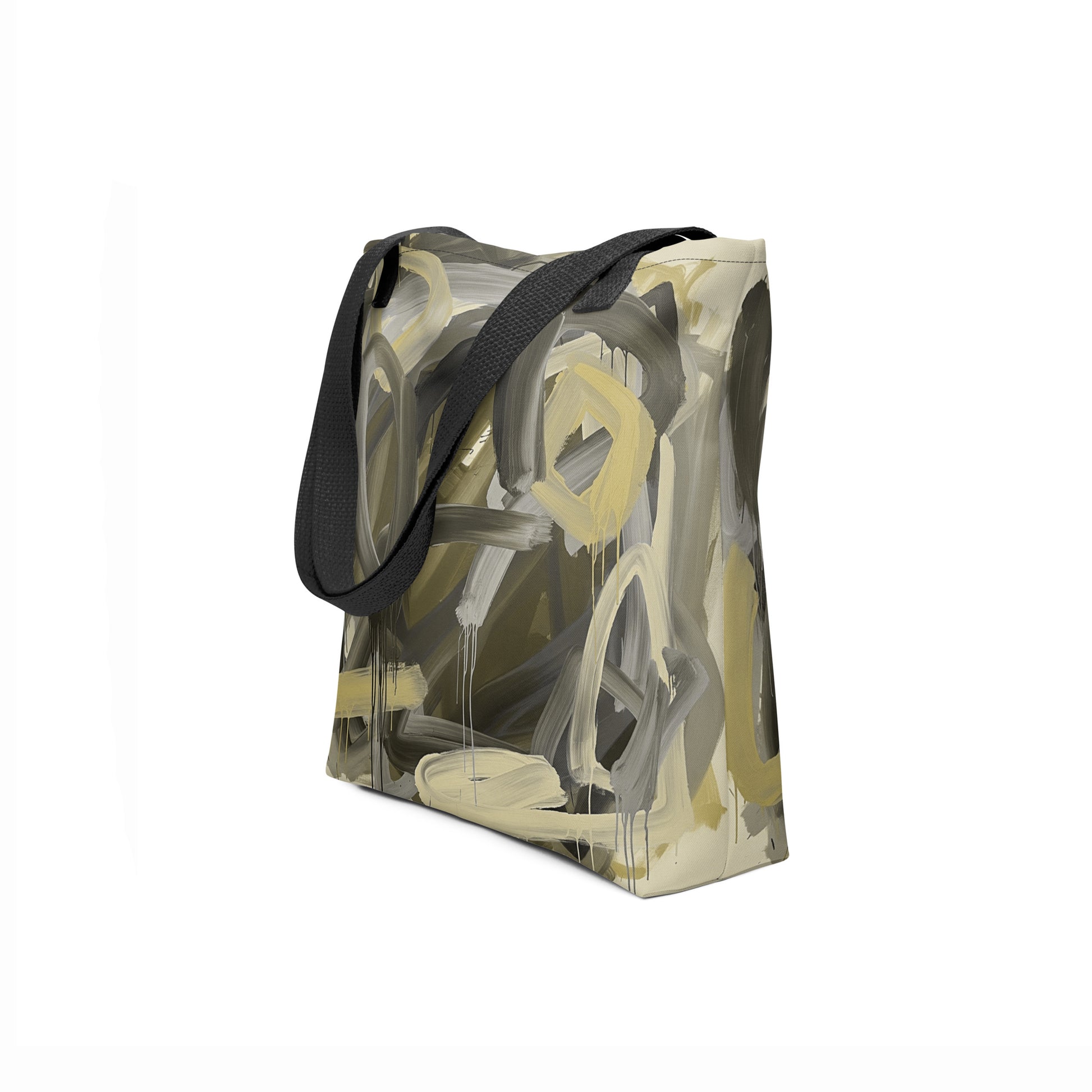 Unisex tote bag with olive green, beige, and soft yellow brushstroke pattern.