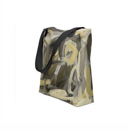 Unisex tote bag with olive green, beige, and soft yellow brushstroke pattern.