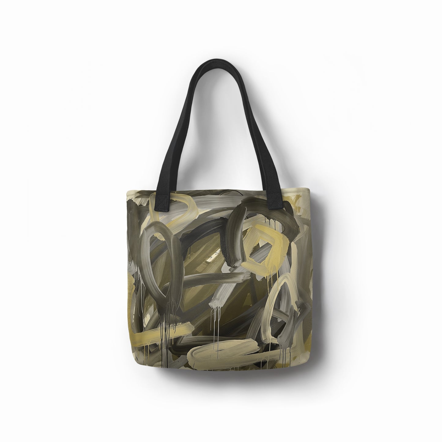 Shopper tote bag featuring earthy green, beige, and muted yellow design with abstract details.