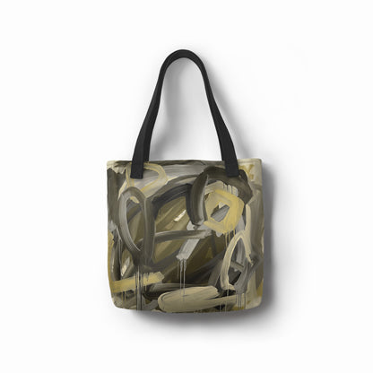Shopper tote bag featuring earthy green, beige, and muted yellow design with abstract details.