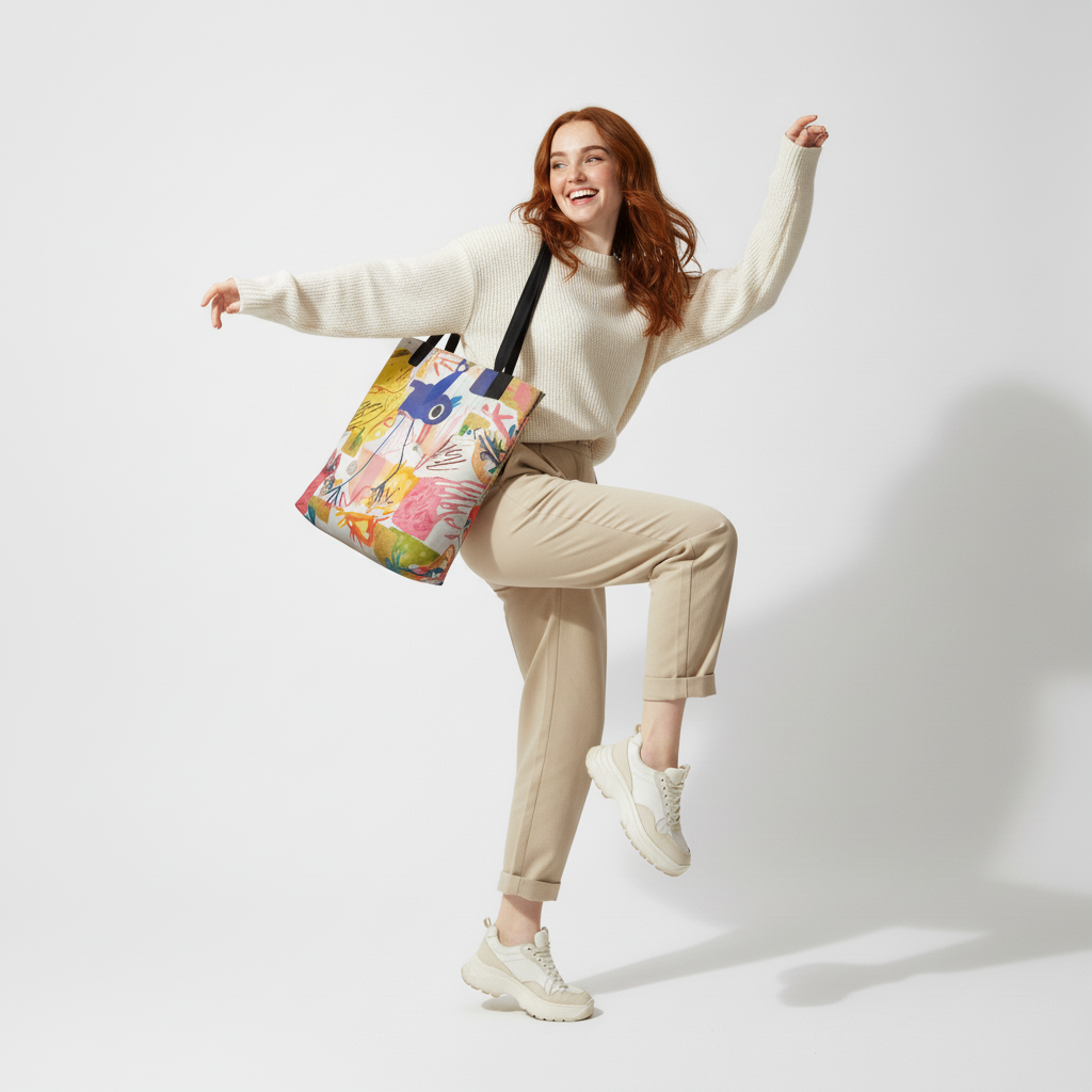 Woman in a white sweater and beige pants holding the PLAYGROUND DREAMS vibrant multicolor tote bag by TASHAU.
