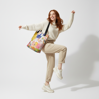 Woman in a white sweater and beige pants holding the PLAYGROUND DREAMS vibrant multicolor tote bag by TASHAU.