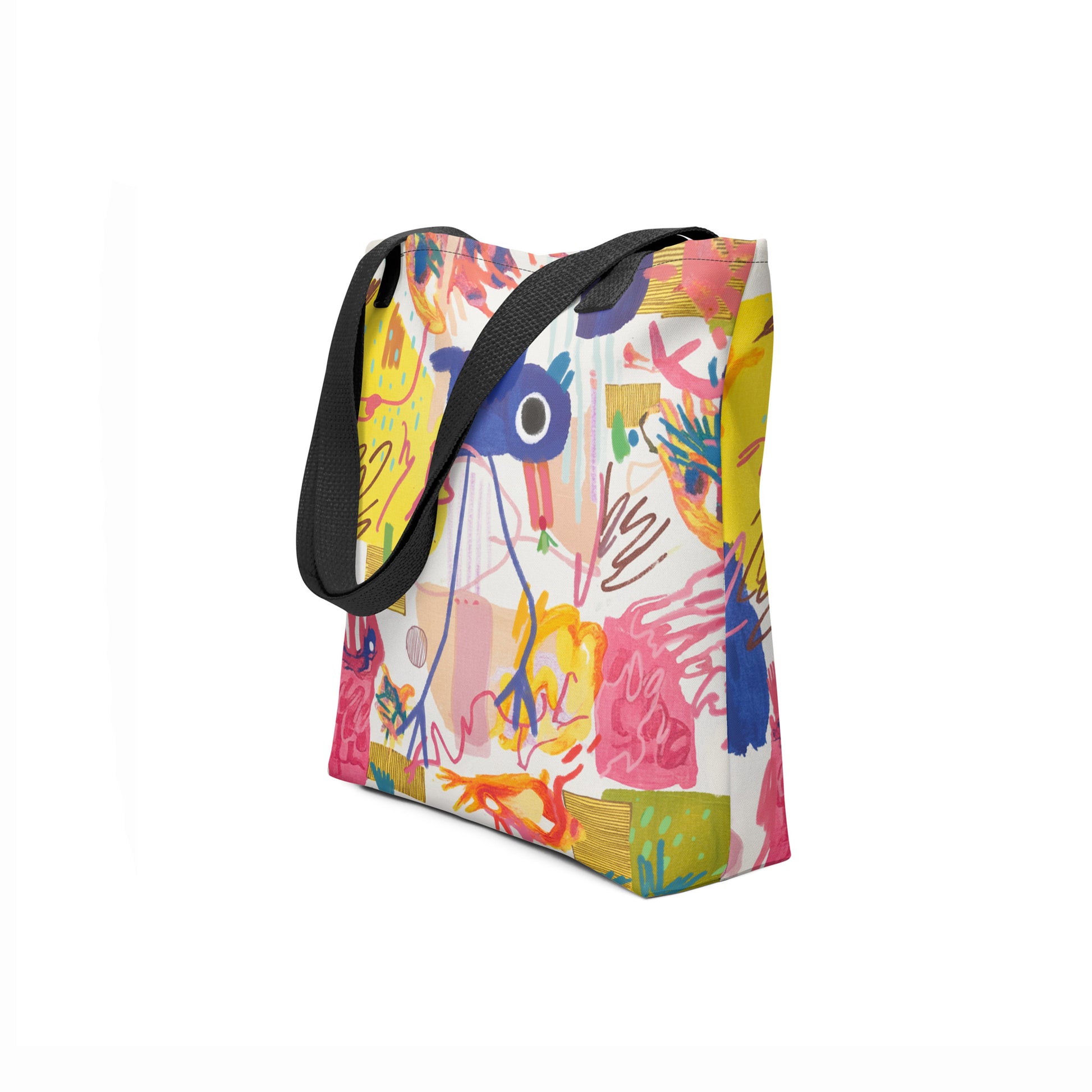 TASHAU unisex tote bag in sunshine yellow with vibrant doodles and painterly strokes in blue, pink, and green.