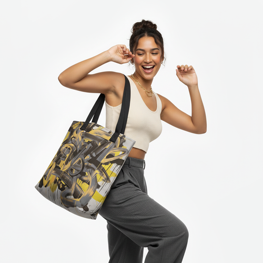 Woman carrying the TASHAU Yellow Anthracite tote bag featuring a bold abstract brushstroke design.