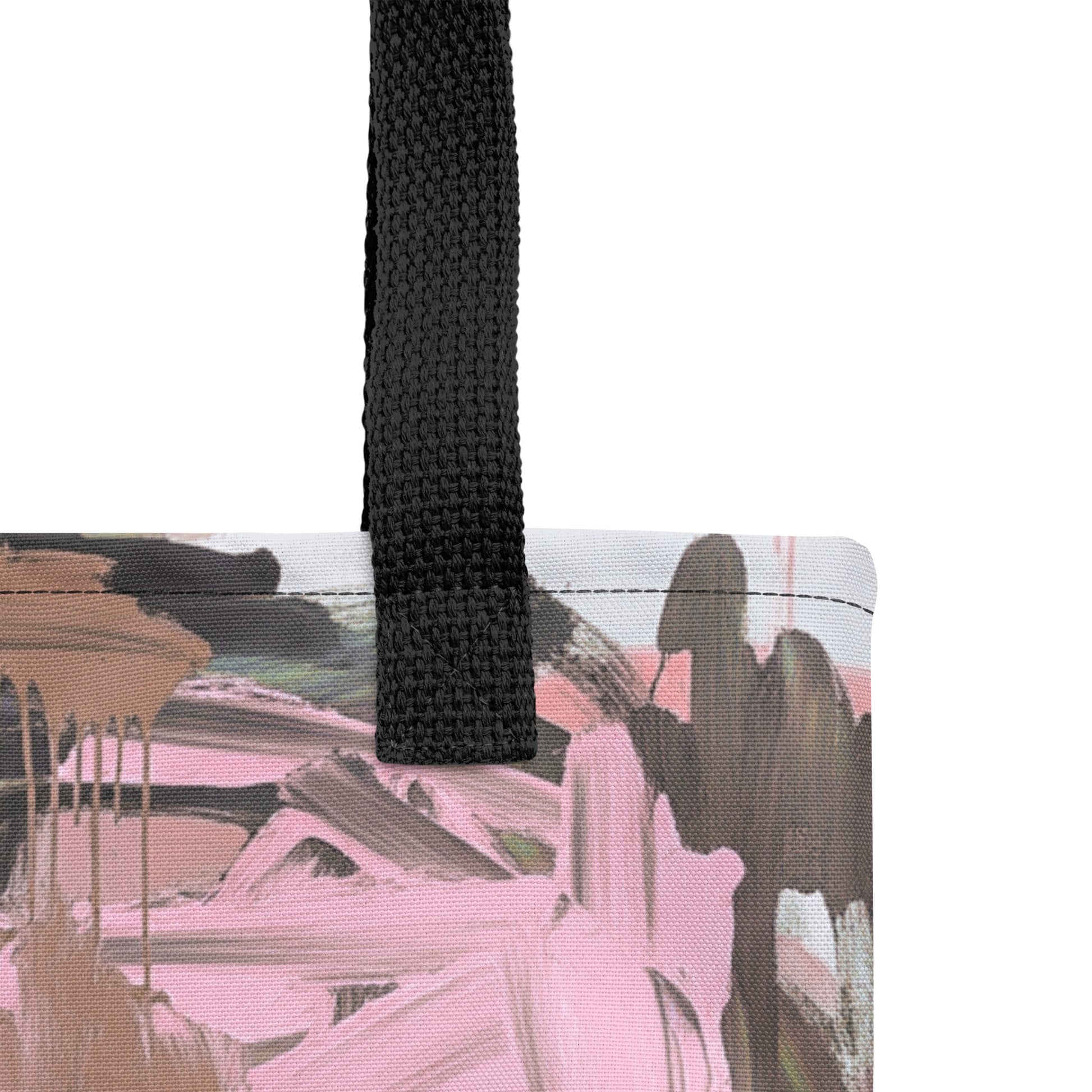 Artistic tote shopper in soothing pink, earthy brown, and lilac with abstract strokes.