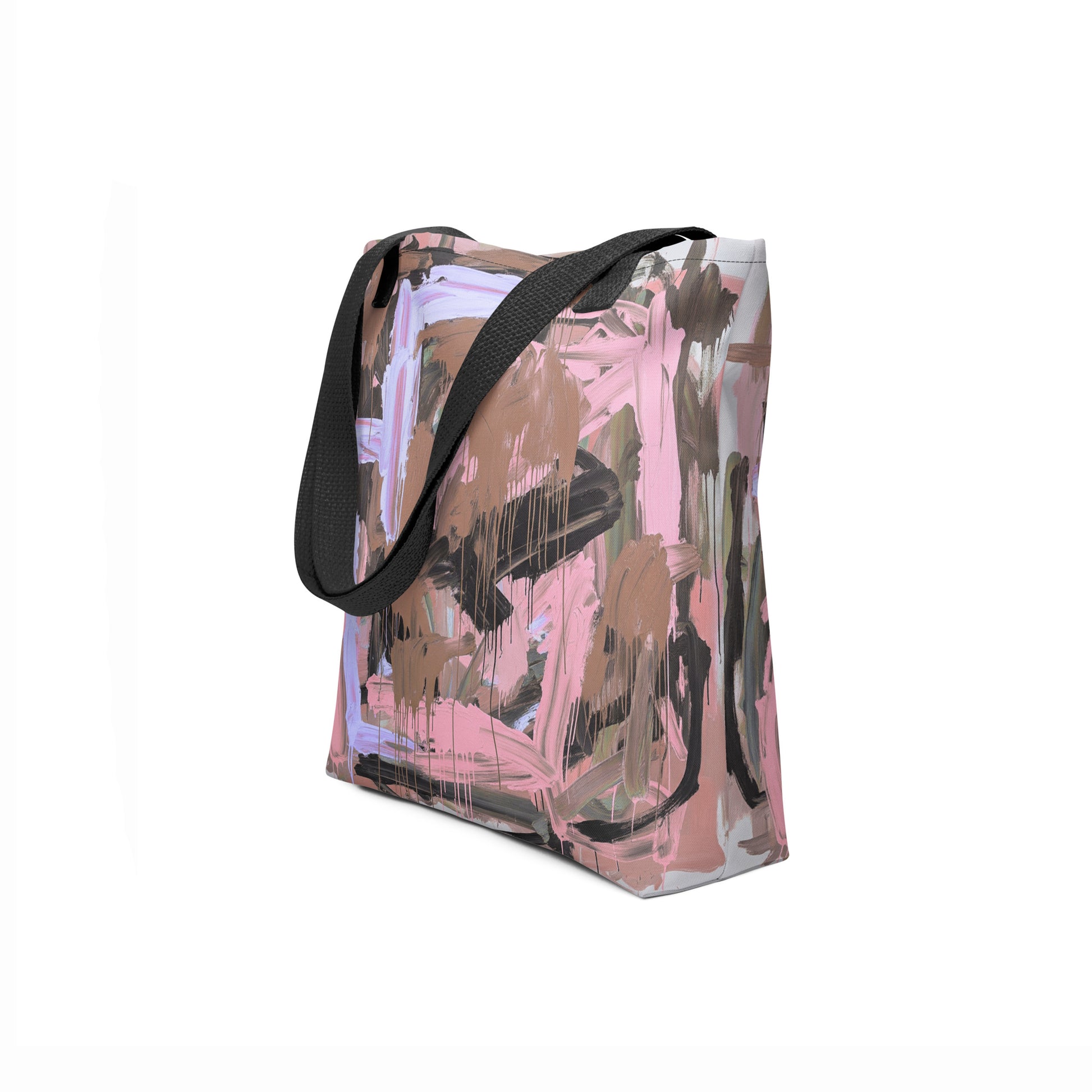 Nature-inspired tote bag featuring earthy browns, pastel pink, and calming lilac brushstrokes.