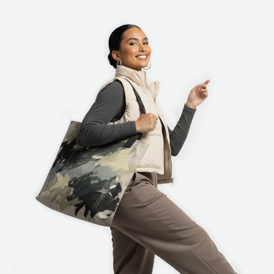 Woman carrying the TASHAU Star Brush Tote Bag – Sand & Black, featuring abstract neutral brushstrokes on eco-friendly canvas.